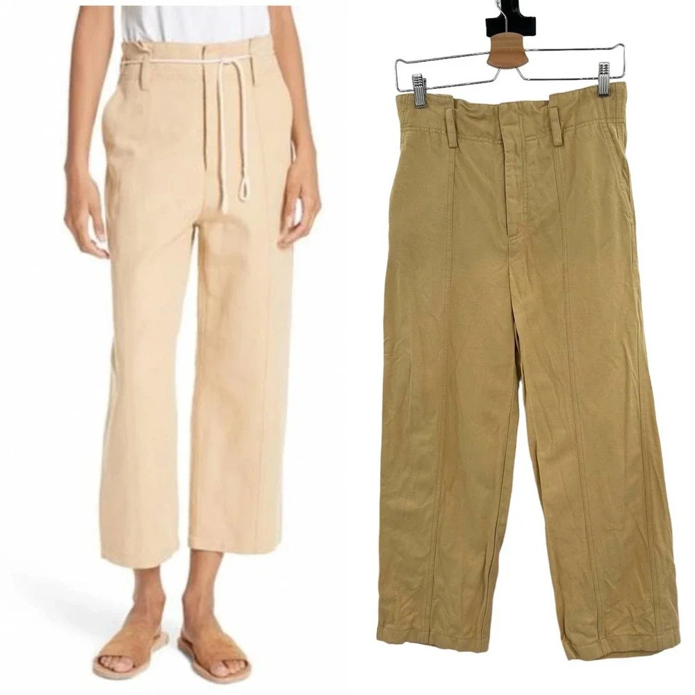 Vince High Rise Linen Cotton Crop Pants In Ginseng Khaki Tan Size 4‎